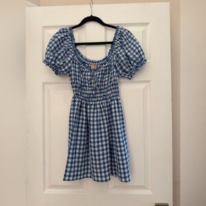 Show Me Your MuMu Blue & White Gingham Puff-Sleeve Dress
